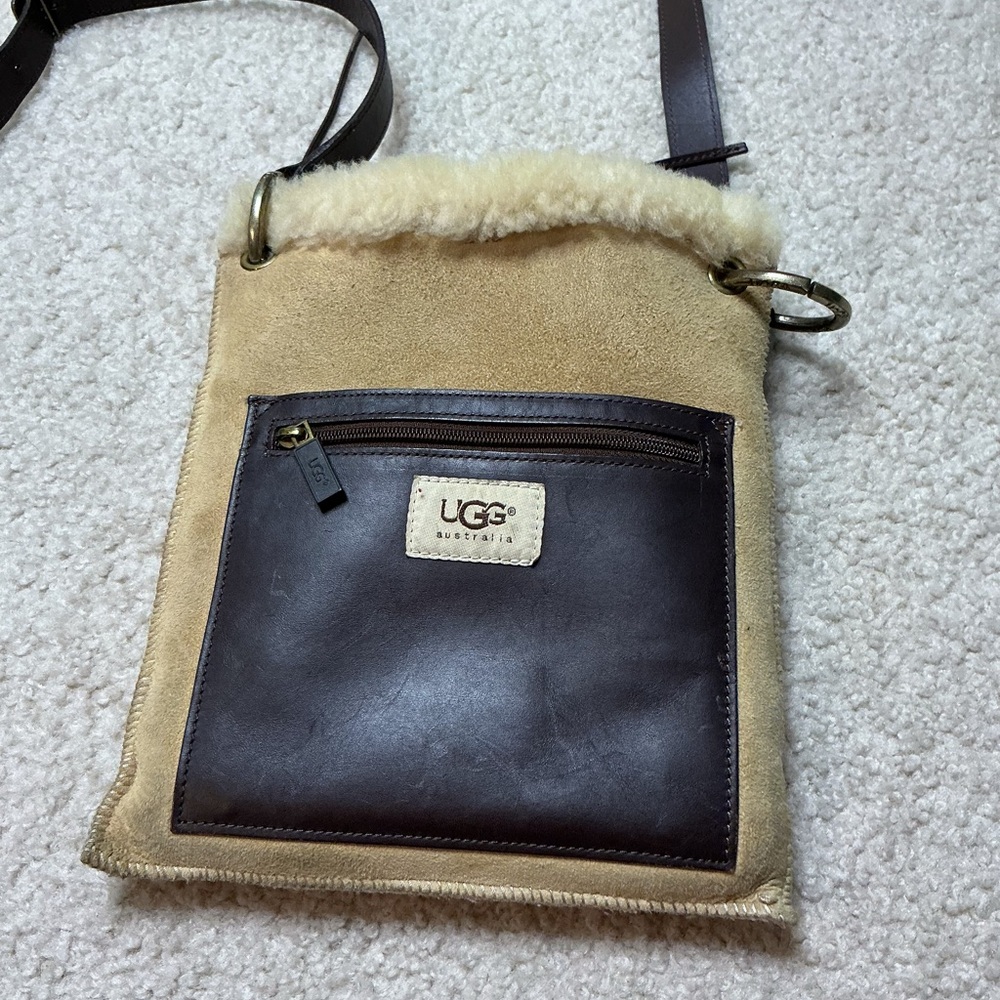 UGG Tan Suede with Dark Brown Leather Front Crossbody